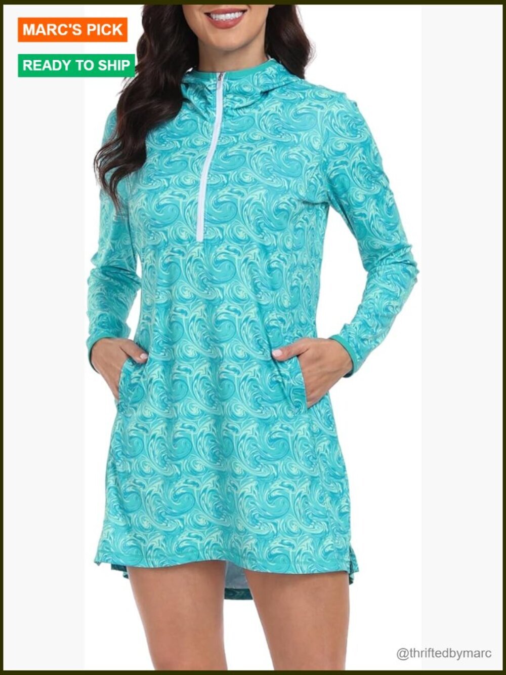UPF 50 Long Sleeve Hooded Sun Protection Swim Cover Up Dress with Pockets